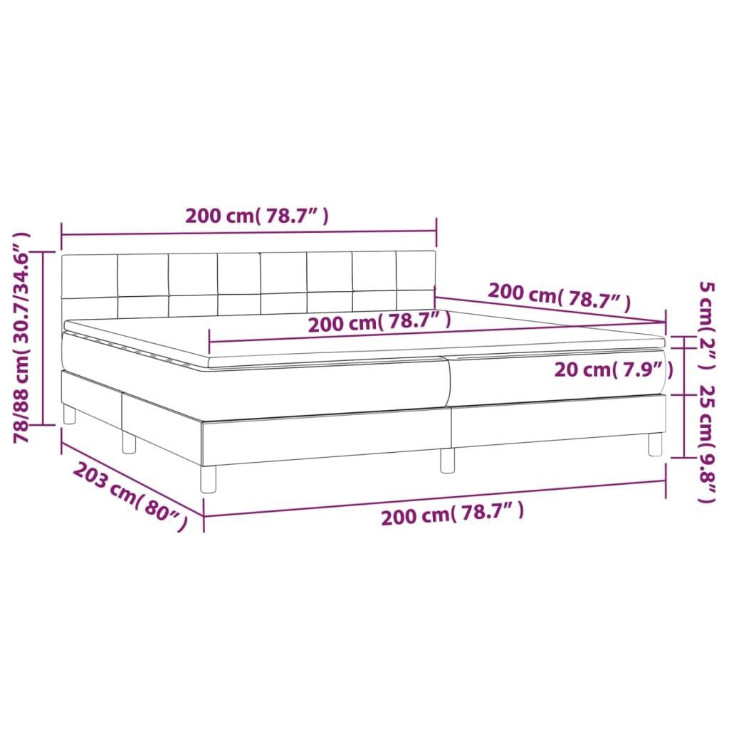 vidaXL Hólfað Springrúm með Dýnu&LED Dökkgrænt 200x200 cm Flauel