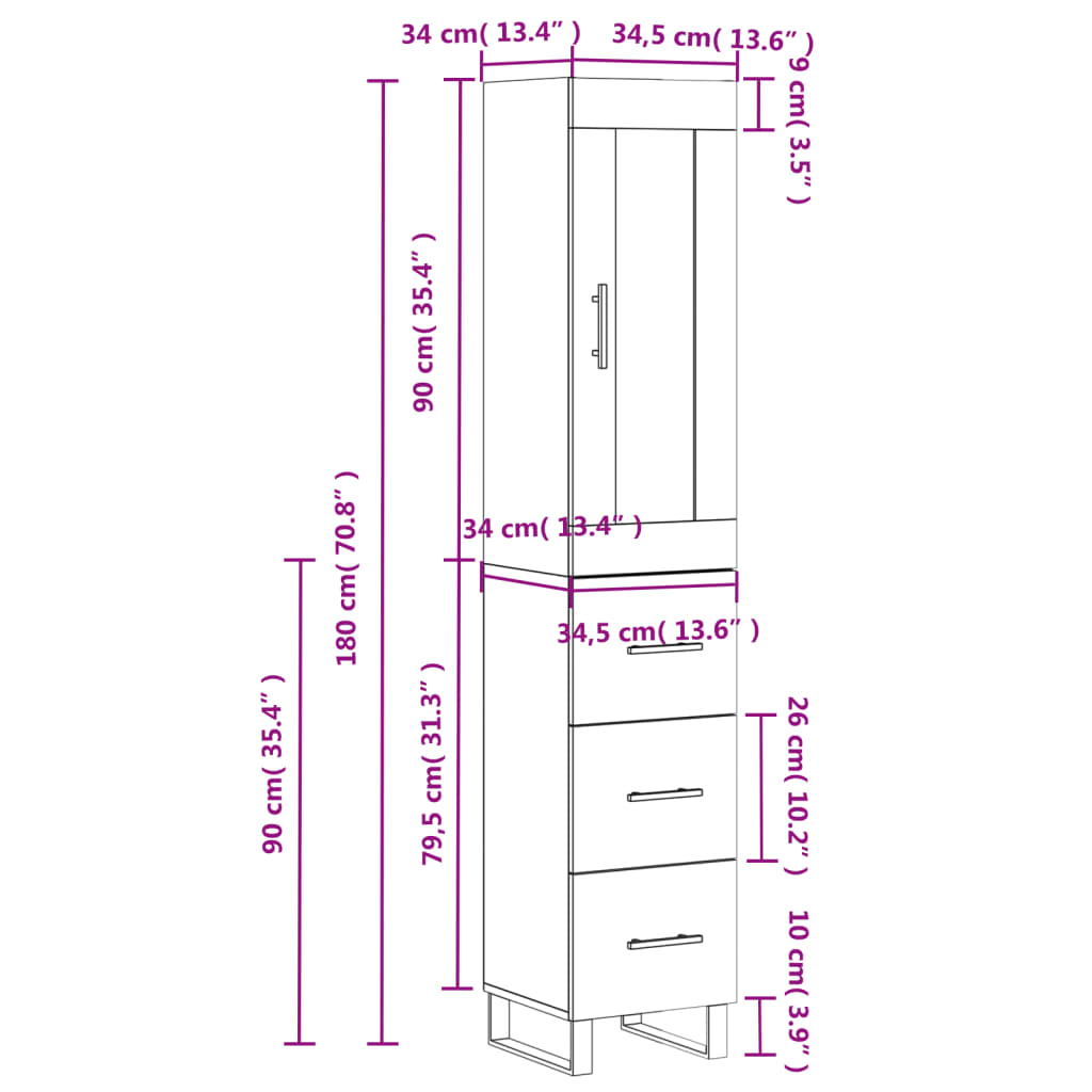 vidaXL Hár Skápur Grár Sonoma 34,5x34x180 cm Samsettur Viður