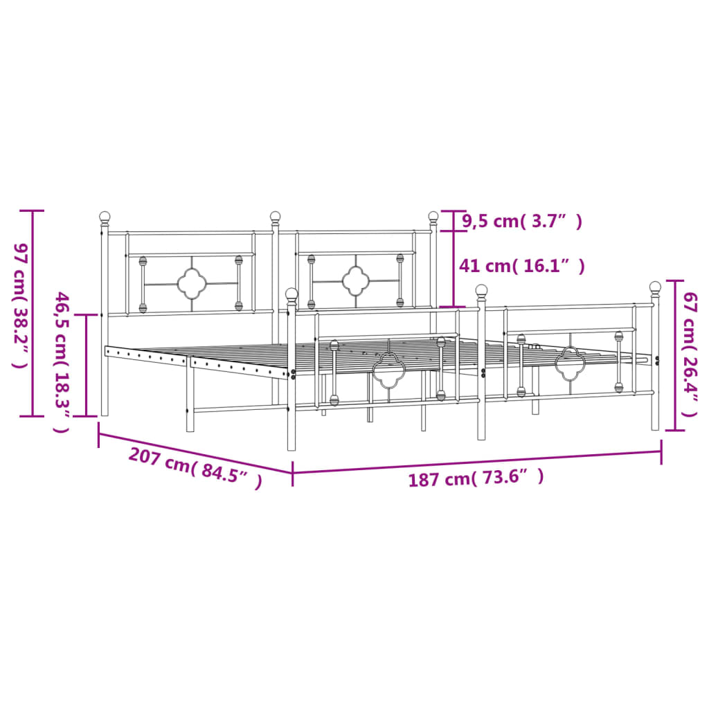 vidaXL Rúmgrind úr Málmi með Höfuðgafli & Fótagafli Hvít 180x200 cm