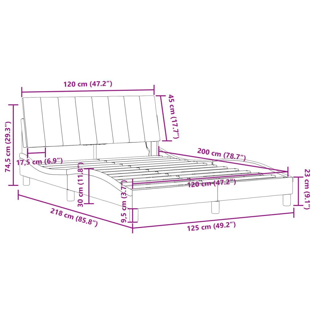 vidaXL Rúmgrind með LED án Dýnu Dökkgrár 120x200 cm Flauel