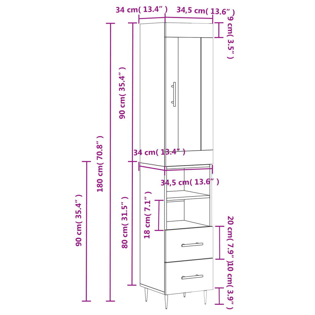 vidaXL Hár Skápur Grár Sonoma 34,5x34x180 cm Samsettur Viður