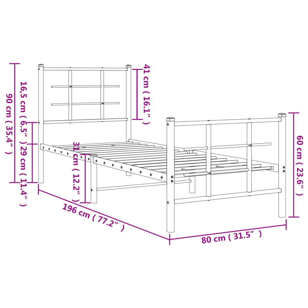 vidaXL Rúmgrind úr Málmi með Höfuðgafli & Fótagafli Svört 75x190 cm