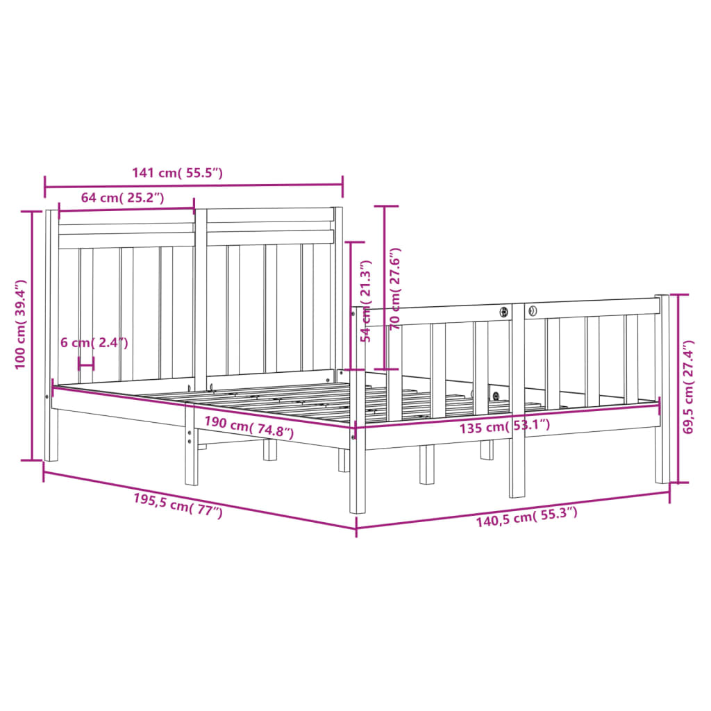 vidaXL Rúmgrind Gegnheill Viður 135x190 cm Tvíbreið