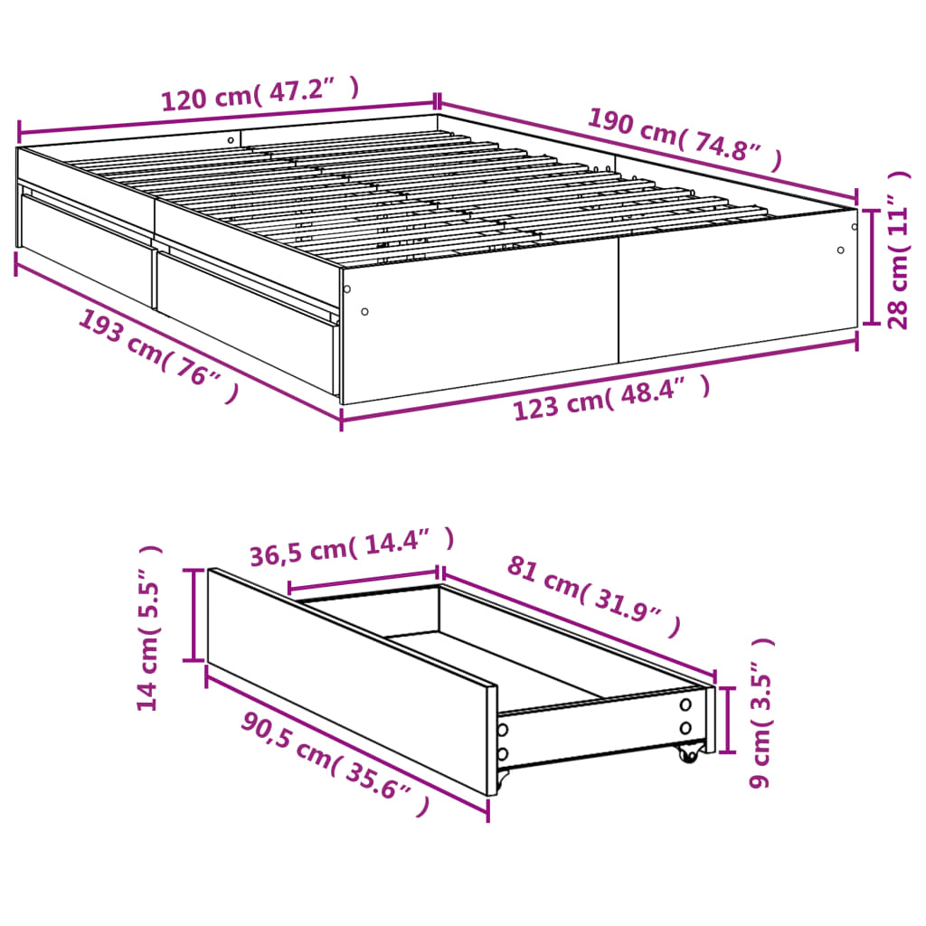 vidaXL Rúmgrind með Skúffum Svart 120x190 cm Samsettur Viður