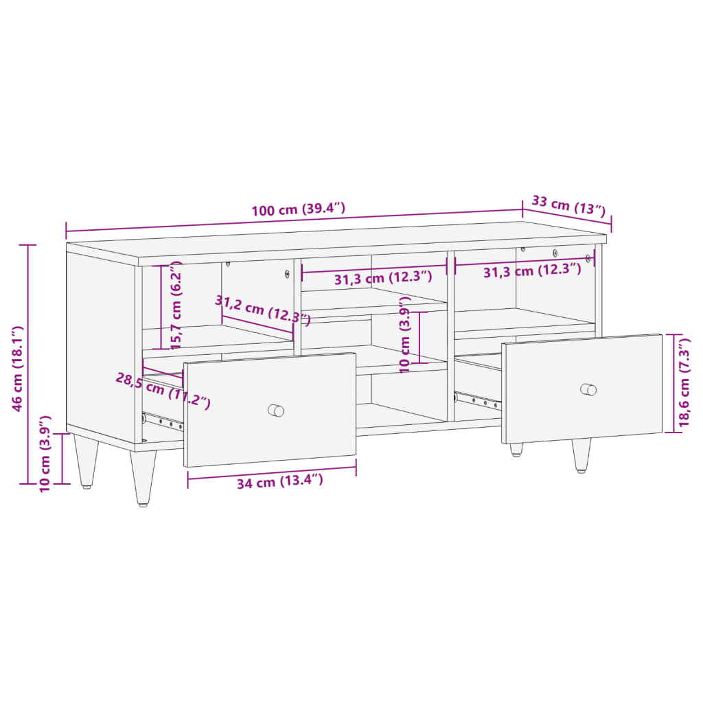 vidaXL Sjónvarpsskápur 100x33x46 cm Gegnheill Mangóviður