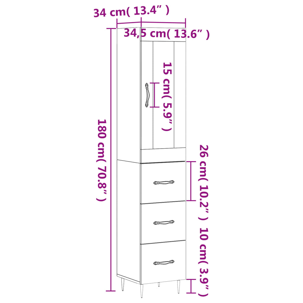 vidaXL Hár Skápur Reyktóna Eikarlitur 34,5x34x180 cm Samsettur Viður