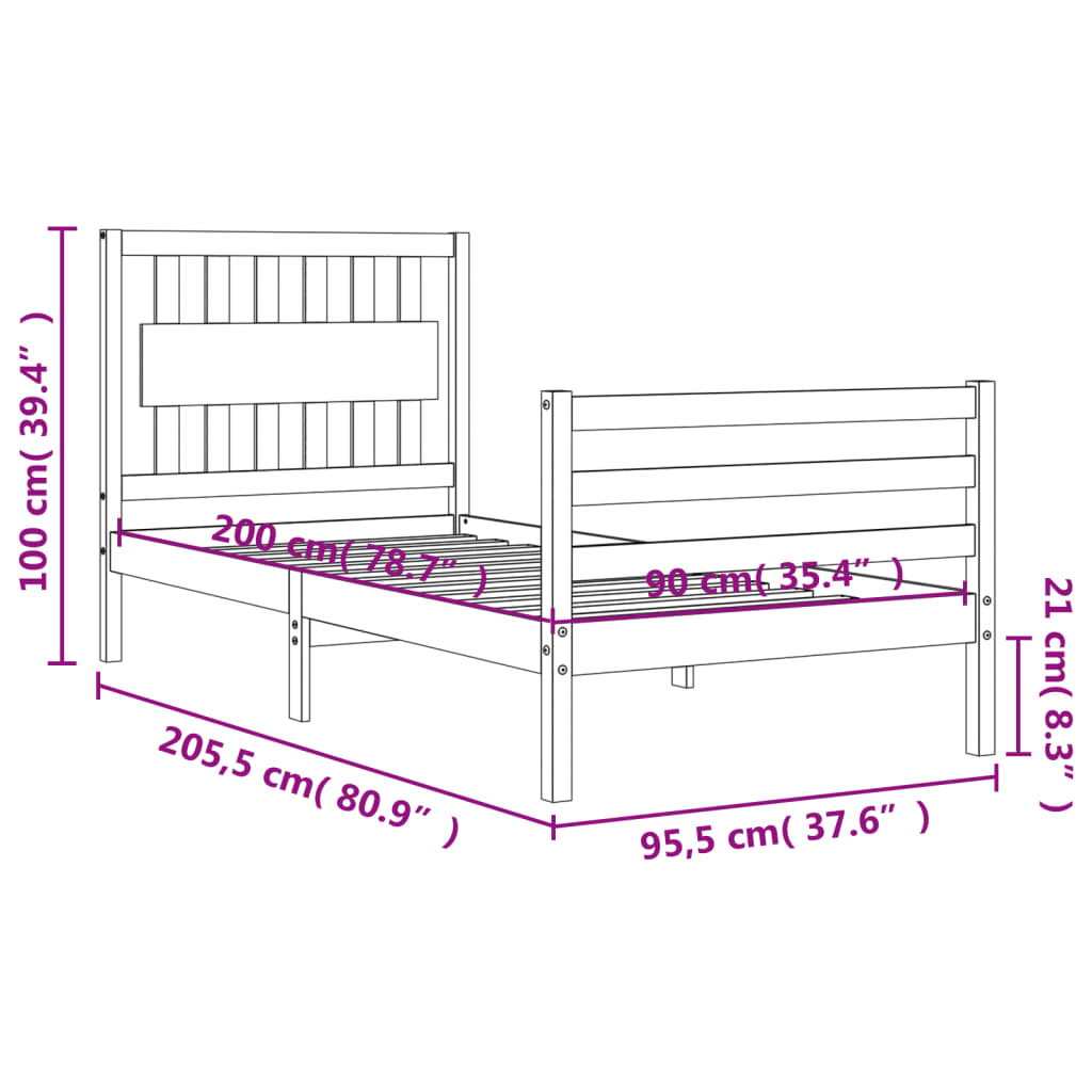 vidaXL Rúmgrind án Dýnu 90x200 cm Gegnheil Viður