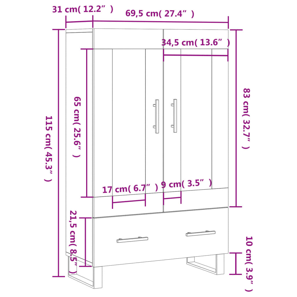 vidaXL Hár Skápur Steypugrár 69,5x31x115 cm Samsettur Viður