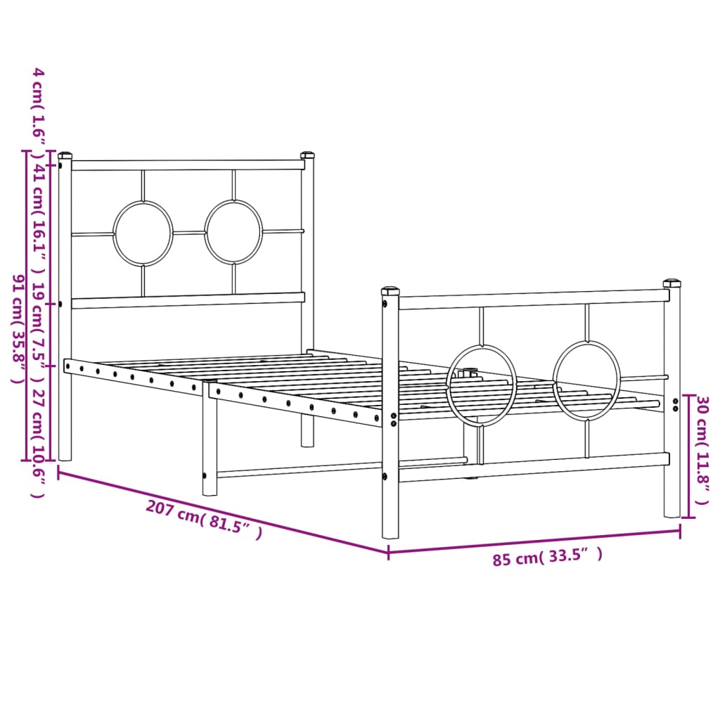 vidaXL Rúmgrind úr Málmi með Höfuðgafli & Fótagafli Svört 80x200 cm