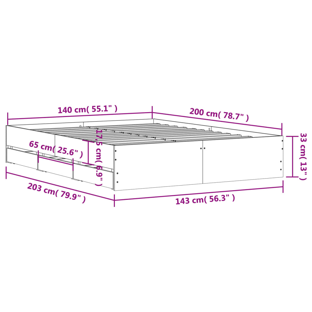 vidaXL Rúmgrind með Skúffum án Dýnu Gráir Sonoma Eik 140x200 cm