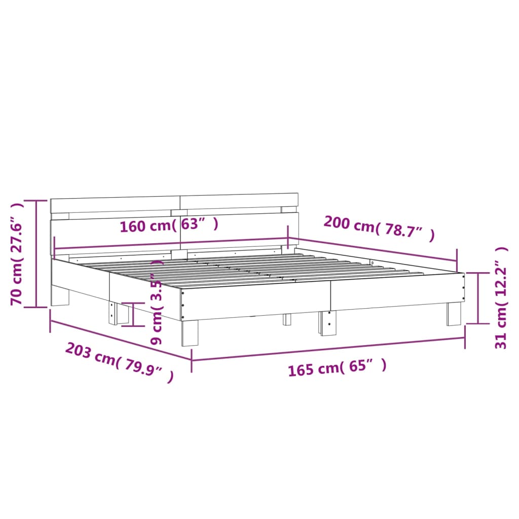 vidaXL Rúmgrind með LED án Dýnu Sonoma Eikarlitur 160x200 cm