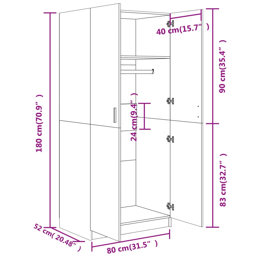 vidaXL Fataskápur Sonoma Eikarlitur 80x52x180 cm Samsettur Viður