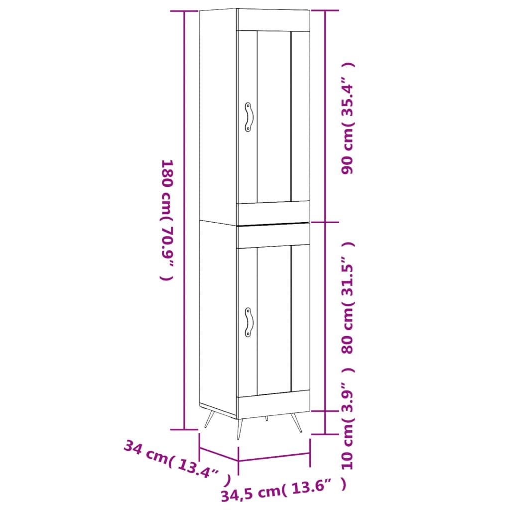 vidaXL Hár Skápur Brún Eik 34,5x34x180 cm Samsettur Viður