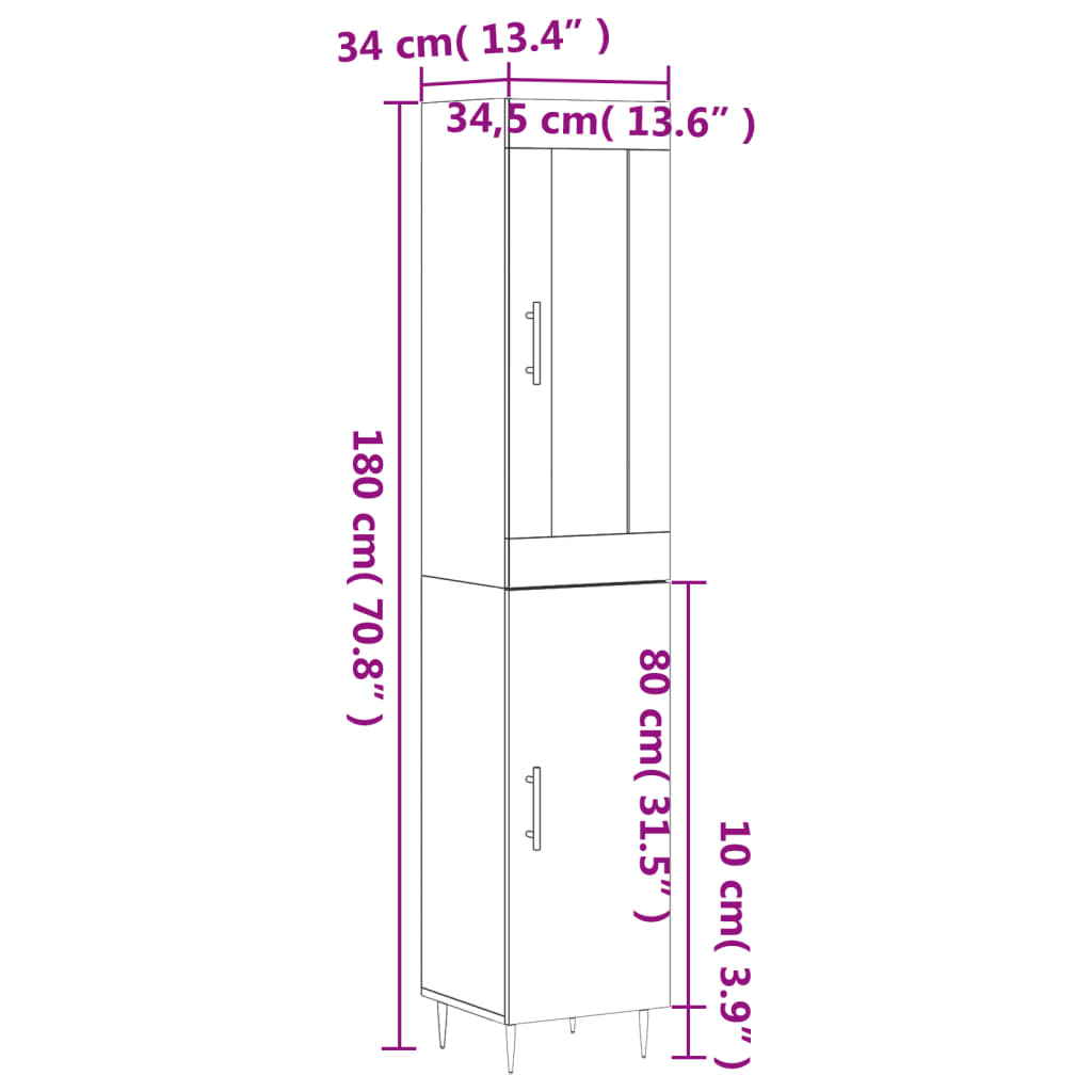 vidaXL Skenkur hvítt 34,5x34x180 cm Samsettur Viður