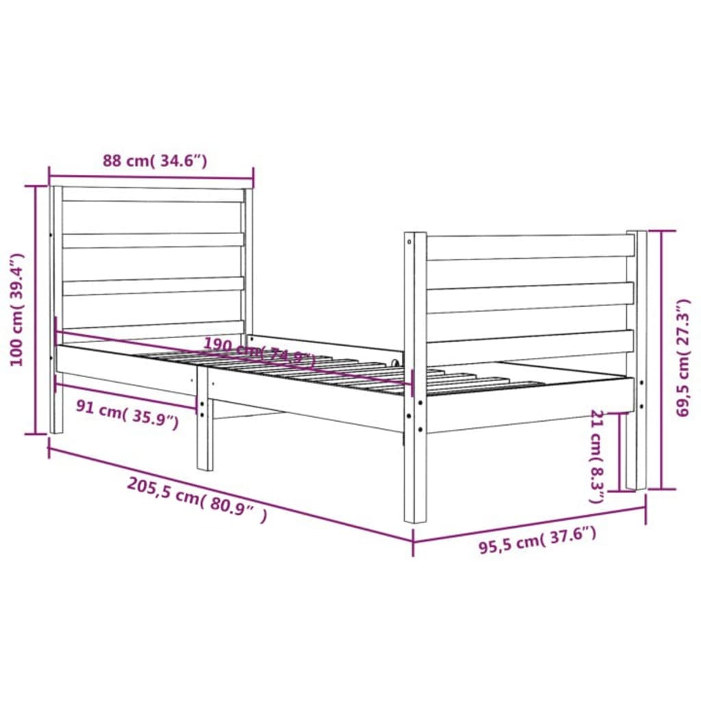 vidaXL Rúmgrind án Dýnu Svartur 90x200 cm Gegnheil Fura