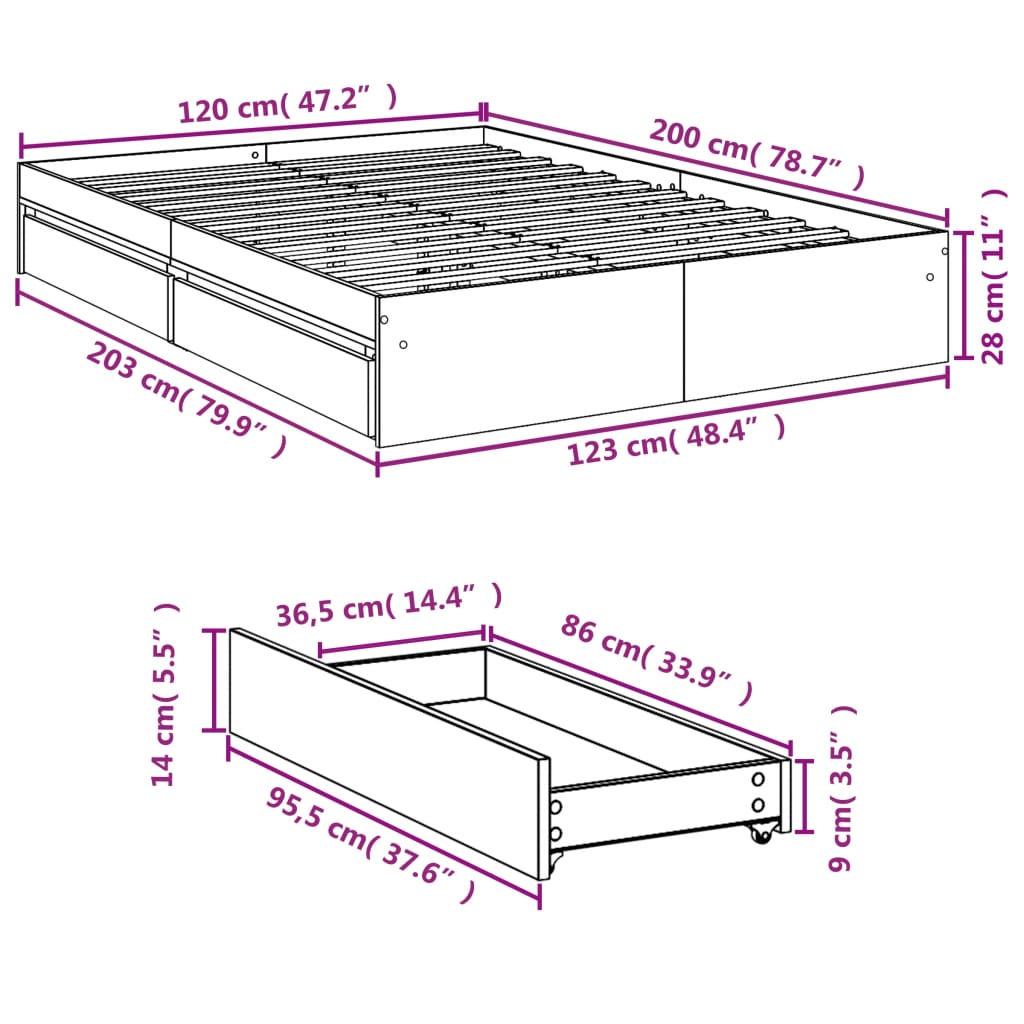 vidaXL Rúmgrind með Skúffum án Dýnu Gráir Sonoma Eik 120x200 cm