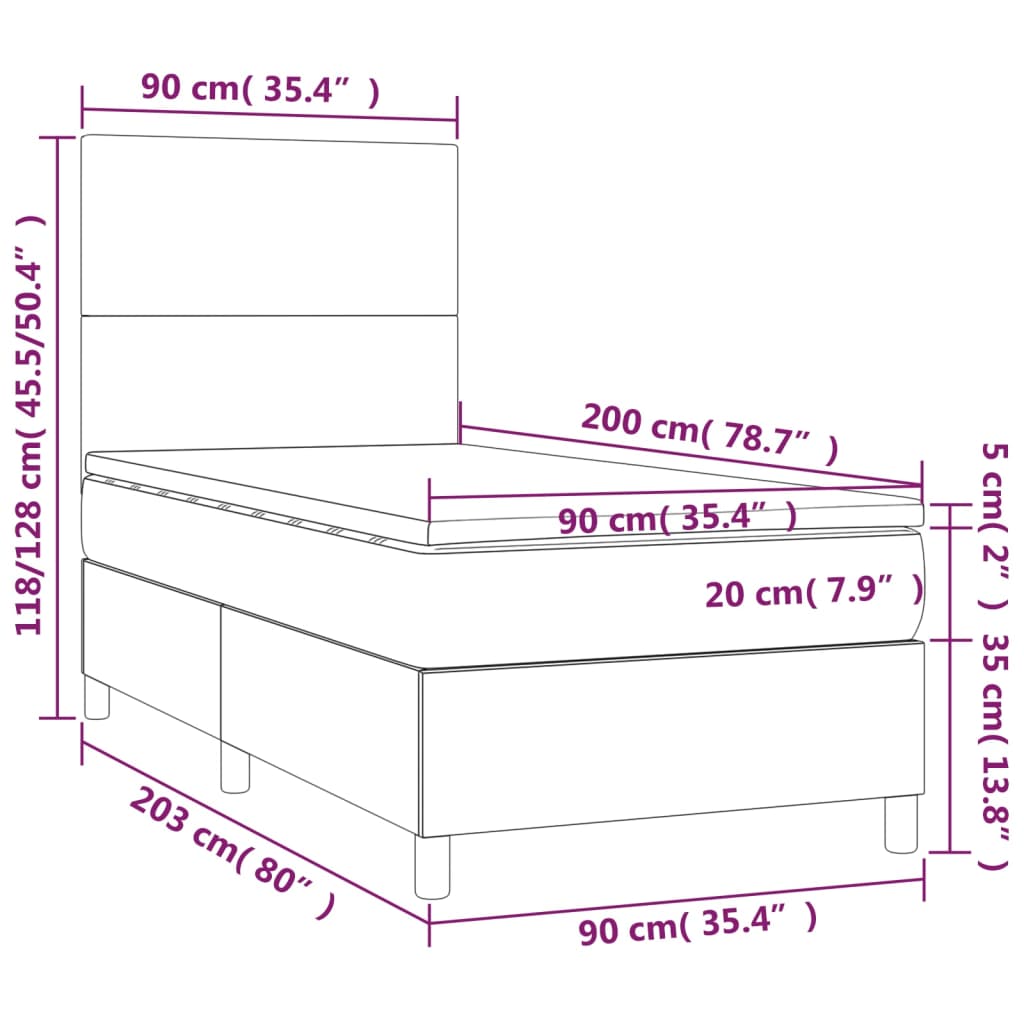 vidaXL Hólfað Springrúm með Dýnu&LED Dökkgrátt 90x200cm Tauefni