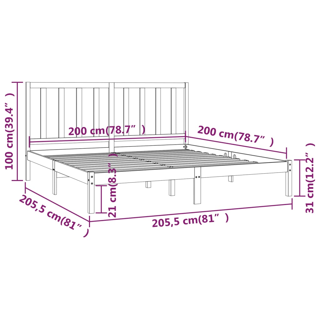 vidaXL Rúmgrind án Dýnu Svört 200x200 cm Gegnheil Fura