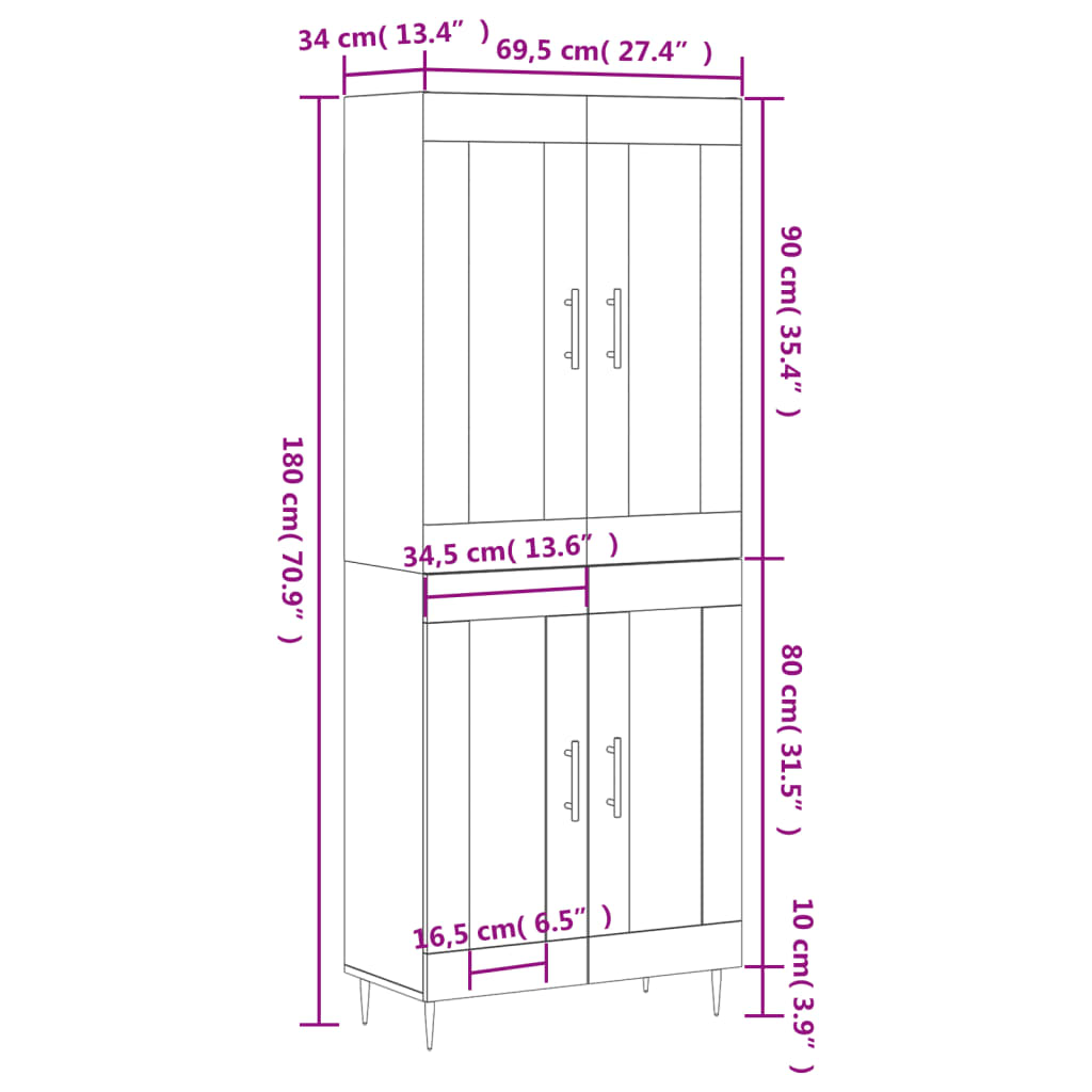 vidaXL Hár Skápur Grár Sonoma 69,5x34x180 cm Samsettur Viður