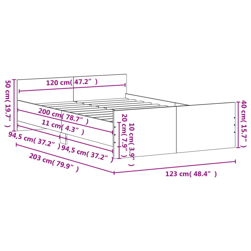 vidaXL Rúmgrind án Dýnu Gráir Sonoma Eik 120x200 cm