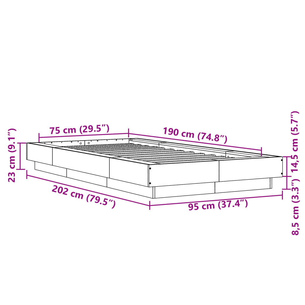 vidaXL Rúmgrind án Dýnu Svartur 75x190 cm