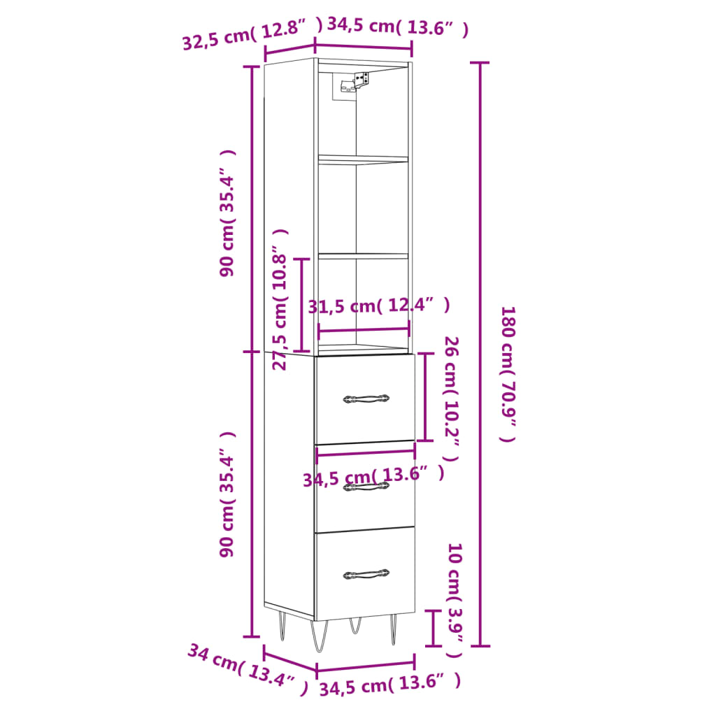 vidaXL Hár Skápur Steypugrár 34,5x34x180 cm Samsettur Viður