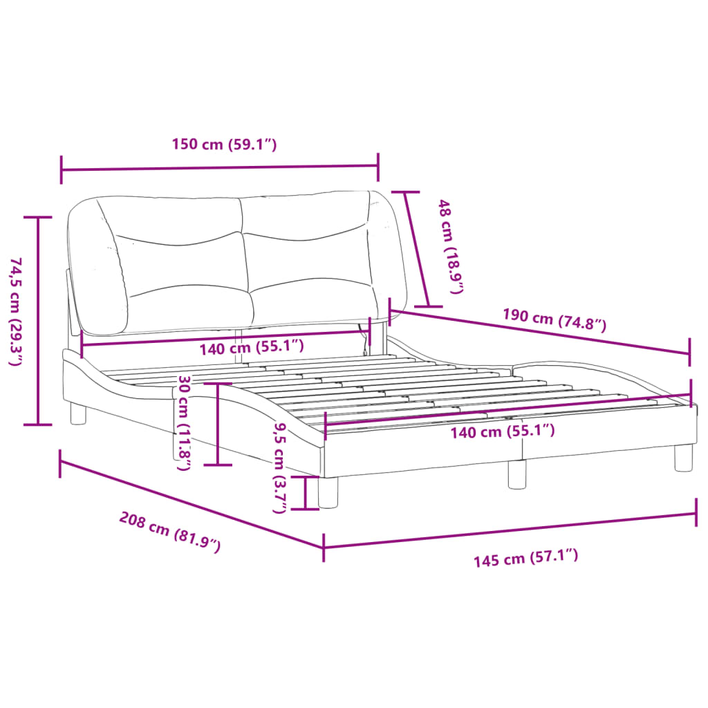 vidaXL Rúmgrind með LED án Dýnu Brún 140x190 cm