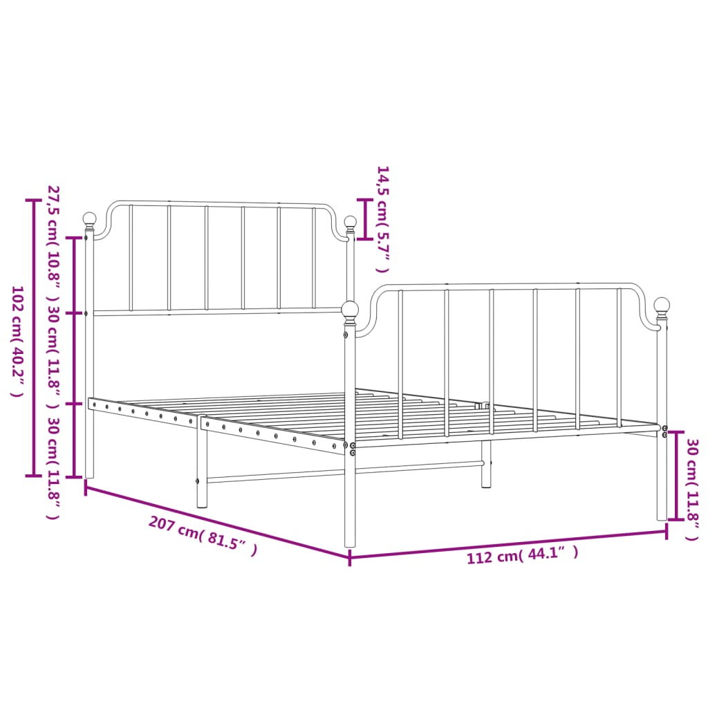 vidaXL Rúmgrind úr Málmi með Höfuðgafli & Fótagafli Svört 107x203 cm