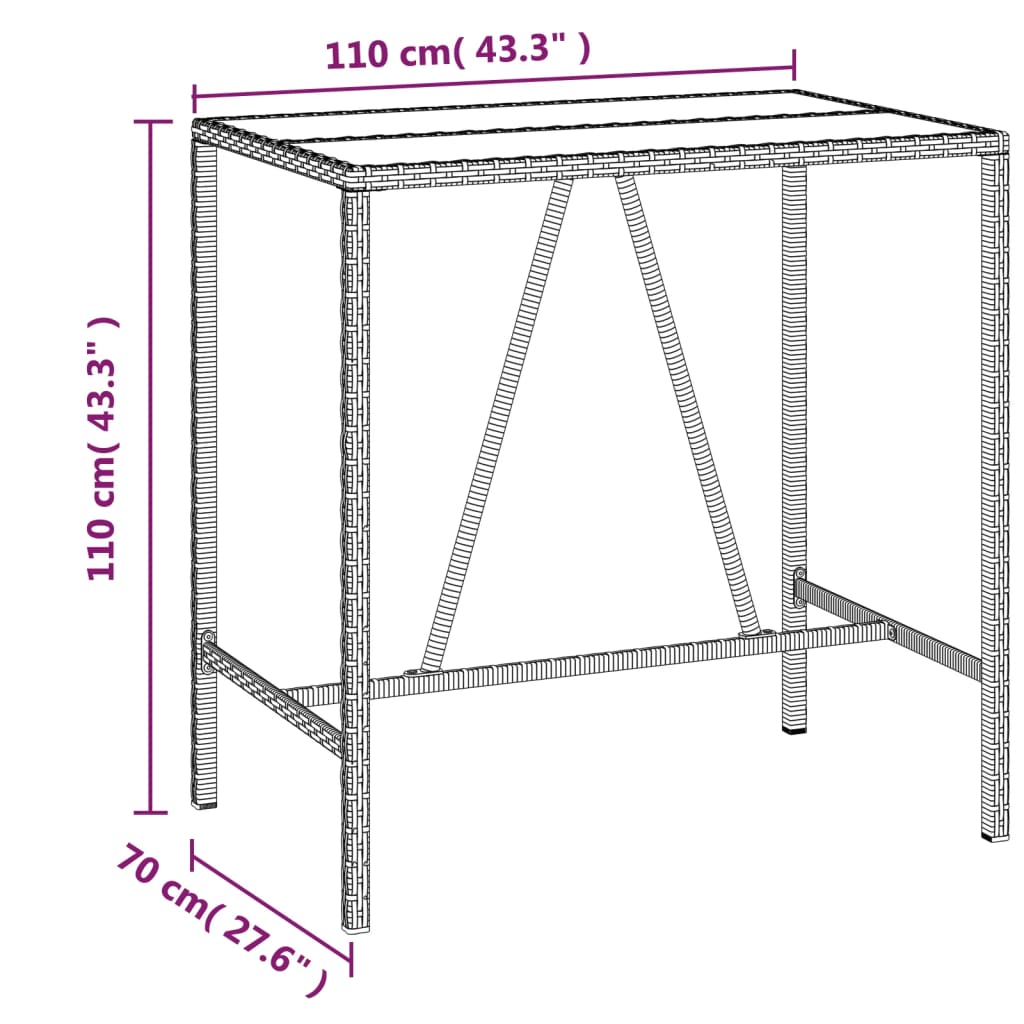 vidaXL Barborð með glerplötu Svart 110x70x110 cm Pólýrattan