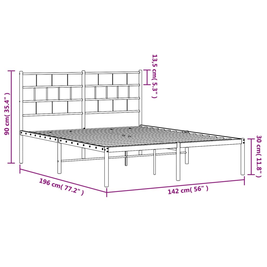 vidaXL Rúmgrind úr Málmi án Dýnu með Höfðagafli Svört 135x190 cm