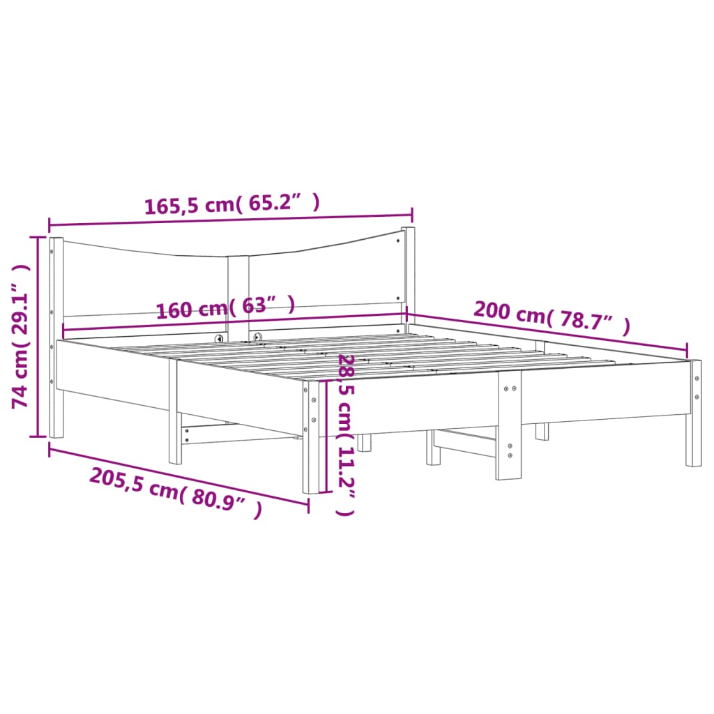 vidaXL Rúmgrind án Dýnu Hvít 160x200 cm Gegnheil Fura