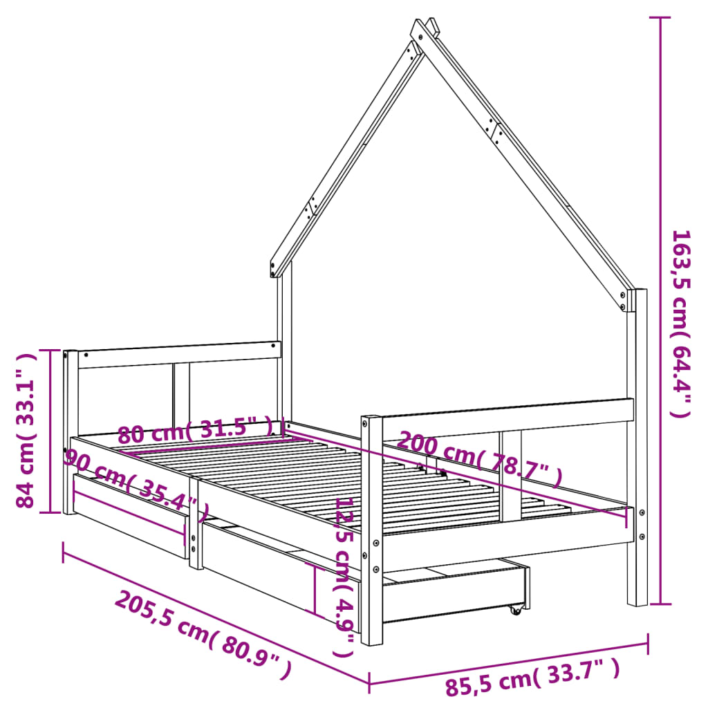 vidaXL Barnarúmgrind með Skúffum Svartur 80x200 cm Gegnheil Fura