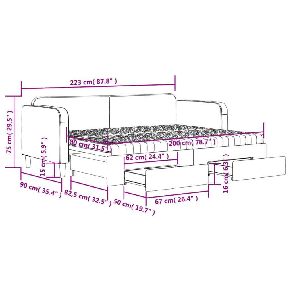 vidaXL Svefnsófi með Hjólaplötu og Skúffum Dökkgrár 80x200 cm Efni