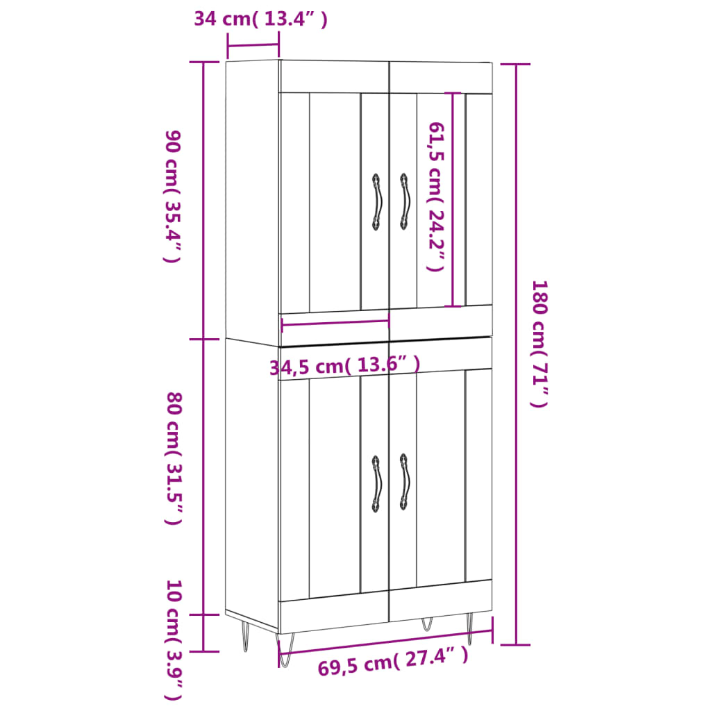 vidaXL Hár Skápur Reyktóna Eikarlitur 69,5x34x180 cm Samsettur Viður