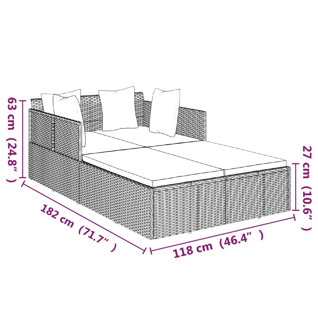 vidaXL Sólbekkur með Púðum Brúnn 182x118x63 cm Pólýrattan