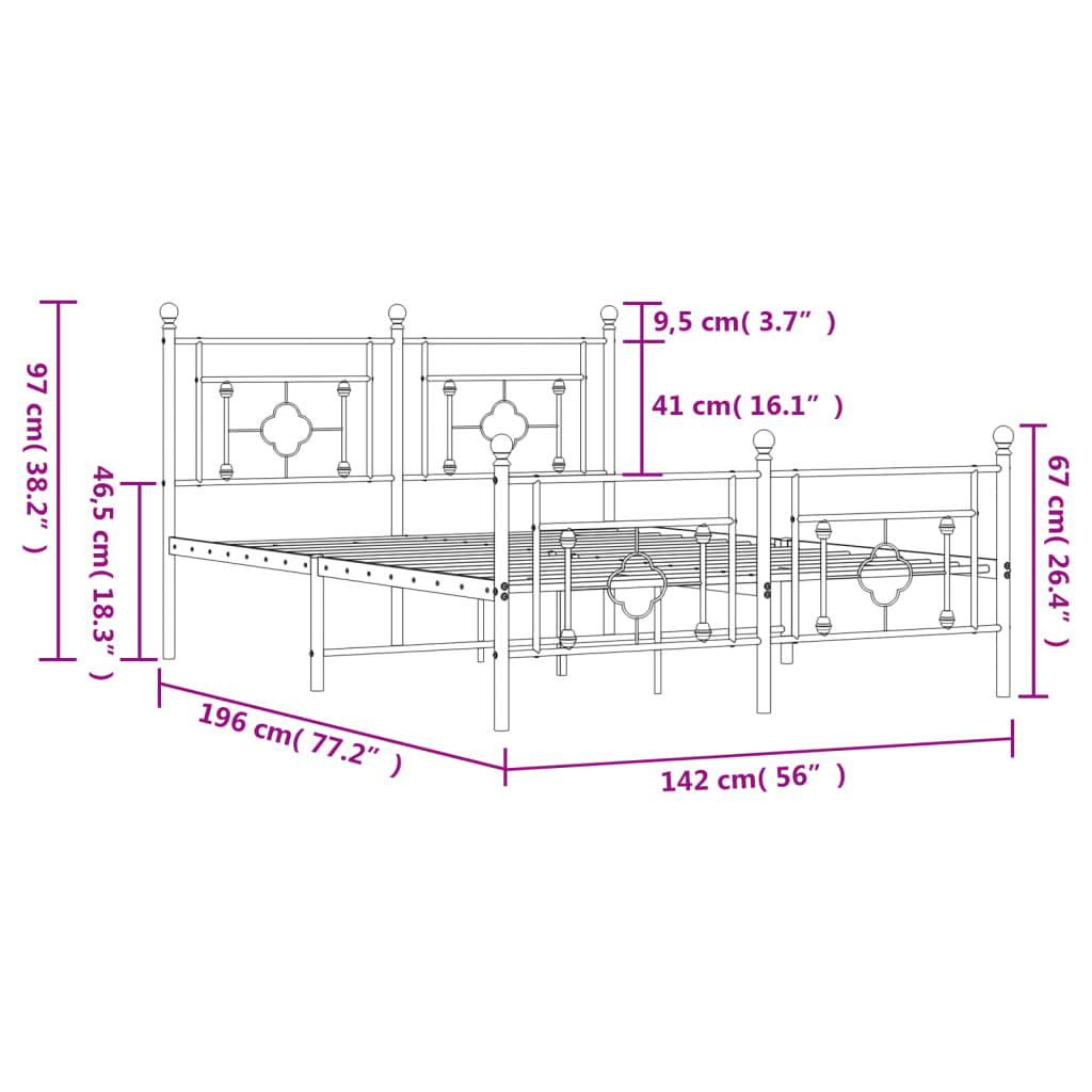 vidaXL Rúmgrind úr Málmi með Höfuðgafli & Fótagafli Svört 135x190 cm