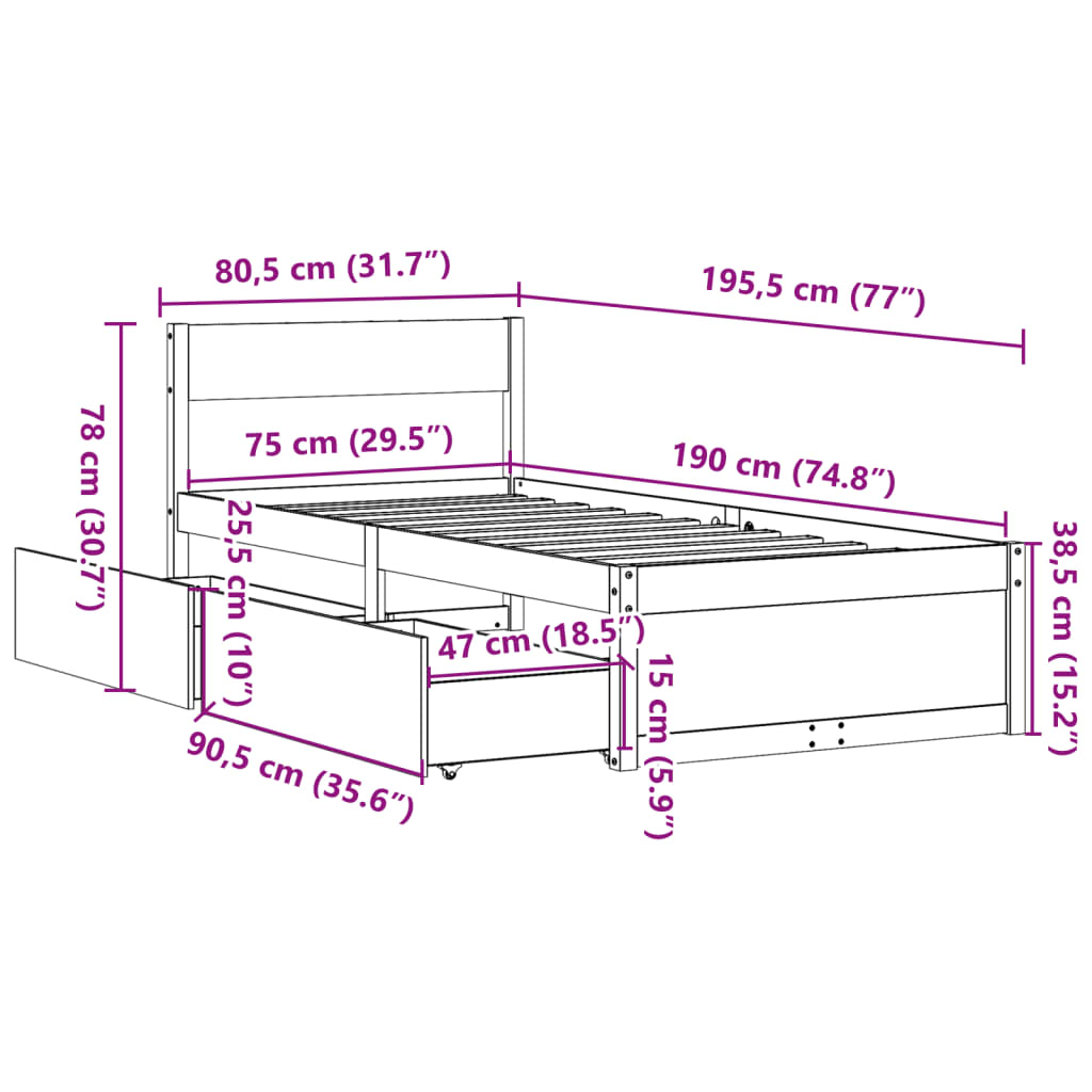 vidaXL Rúmgrind án Dýnu Hvítur 75x190 cm Gegnheil Fura