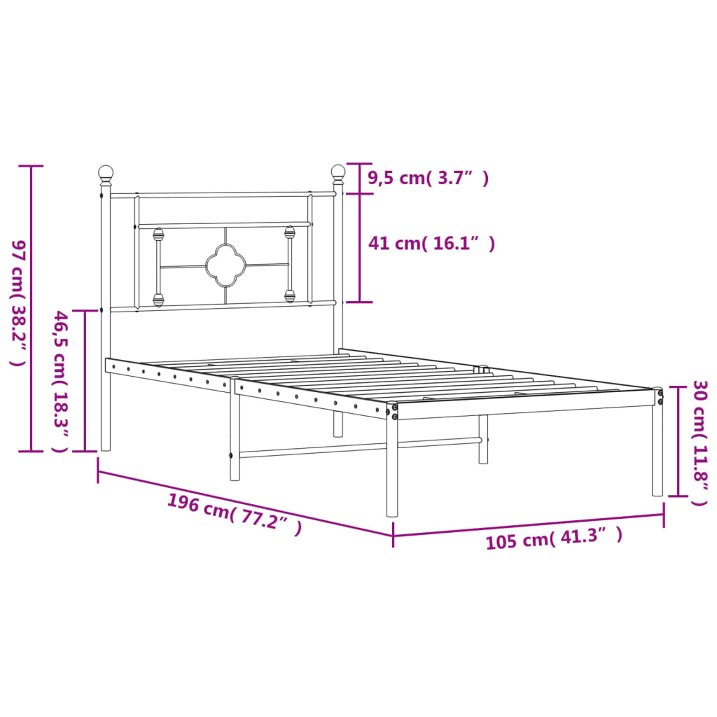 vidaXL Málmrúmgrind með Höfuðgafli Svört 100x190 cm