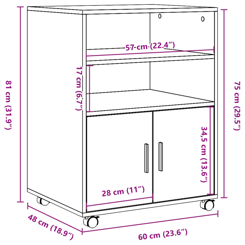 vidaXL Skápur á Hjólum Viðarlitur 60x48x81 cm Samsettur Viður