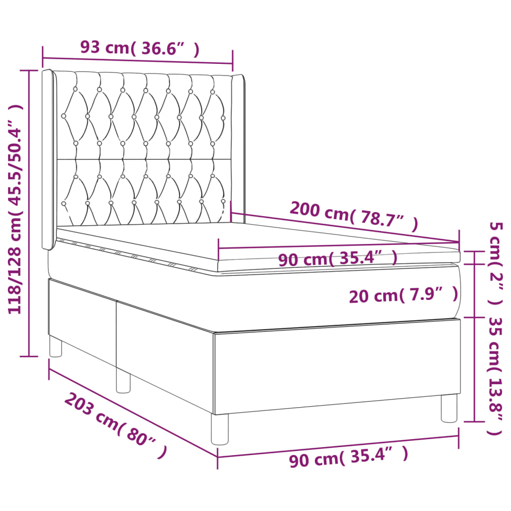 vidaXL Hólfað Springrúm með Dýnu&LED Dökkgrænt 90x200 cm Flauel