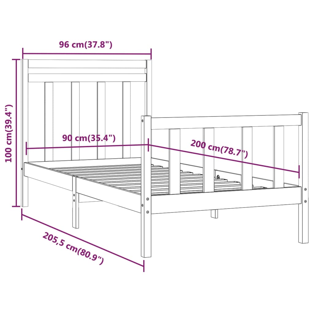 vidaXL Rúmgrind án Dýnu Svartur 90x200 cm Gegnheil Fura