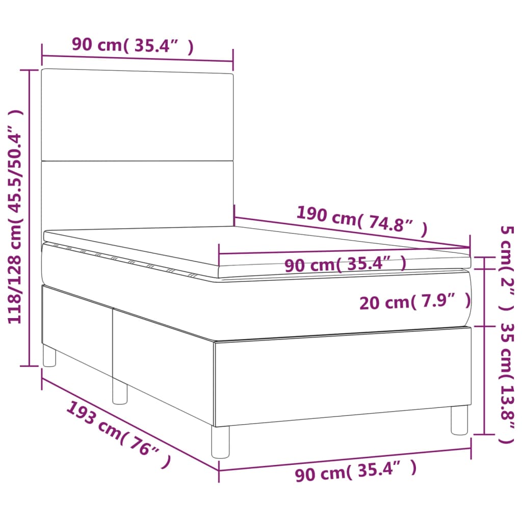 vidaXL Hólfað Springrúm með Dýnu&LED Hvítur 90x190 cm Gervileður