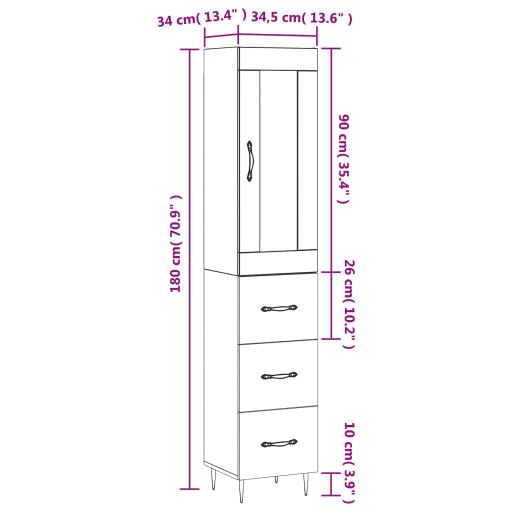 vidaXL Hár Skápur Steypugrár 34,5x34x180 cm Samsettur Viður