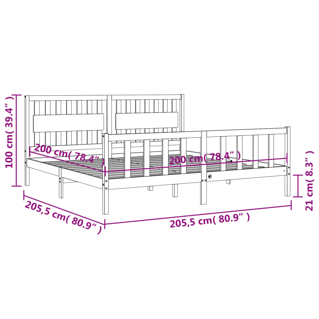 vidaXL Rúmgrind með Höfuðgafli Grár 200x200 cm Gegnheill Viður