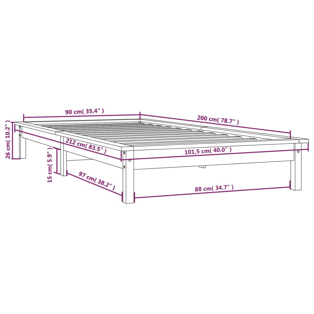 vidaXL Rúmgrind án Dýnu Svartur 90x200 cm Gegnheil