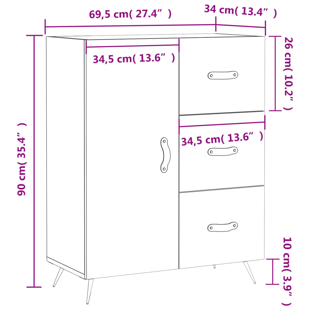 vidaXL Skenkur Hvítur 69,5x34x90 cm Samsettur Viður