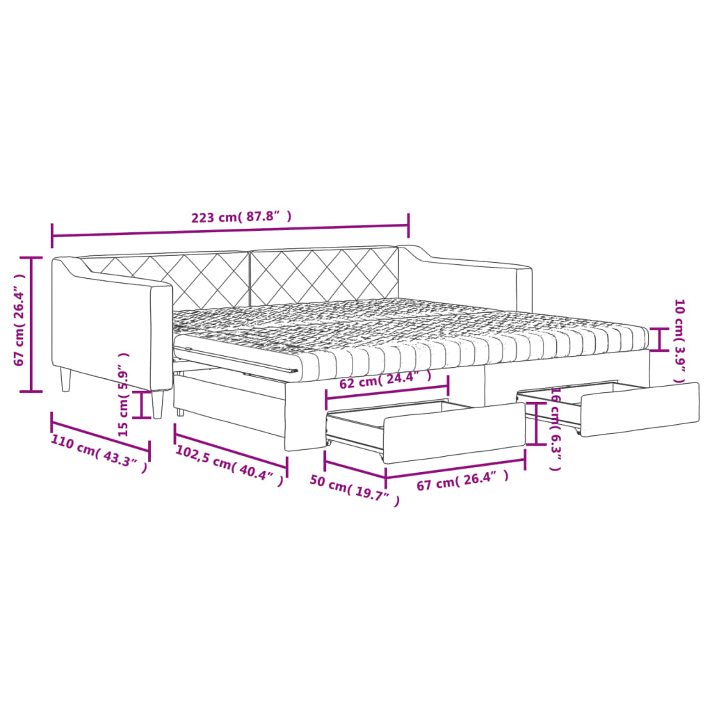 vidaXL Svefnsófi með Hjólaplötu og Skúffum Ljósgrár 100x200 cm Efni