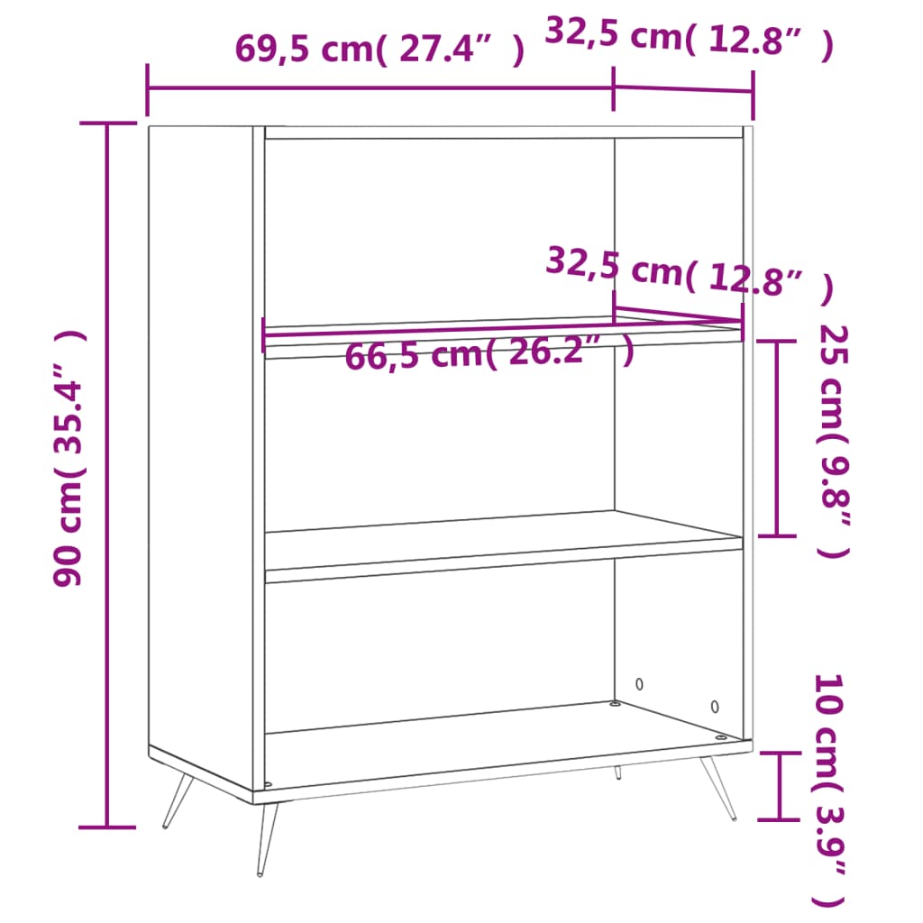 vidaXL Bókaskápur Háglans Hvítur 69,5x32,5x90 cm Samsettur Viður