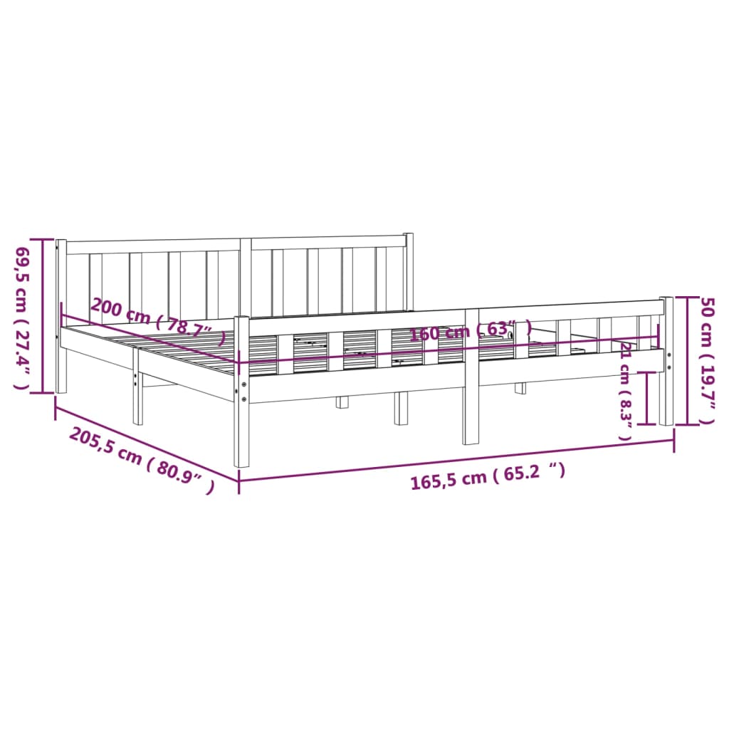 vidaXL Rúmgrind án Dýnu Hvít 160x200cm Gegnheil Viður