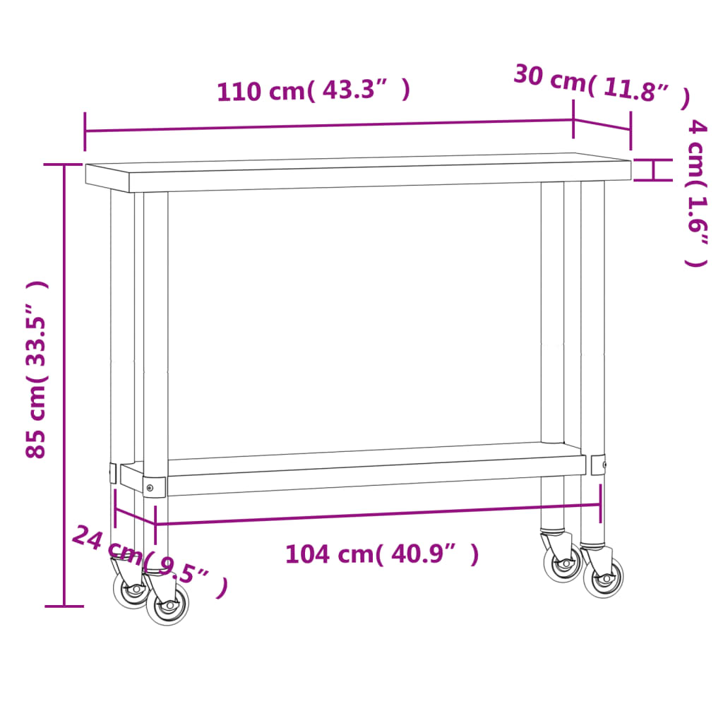 vidaXL Vinnuborð með Hjólum í Eldhús 110x30x85 cm Ryðfrítt Stál